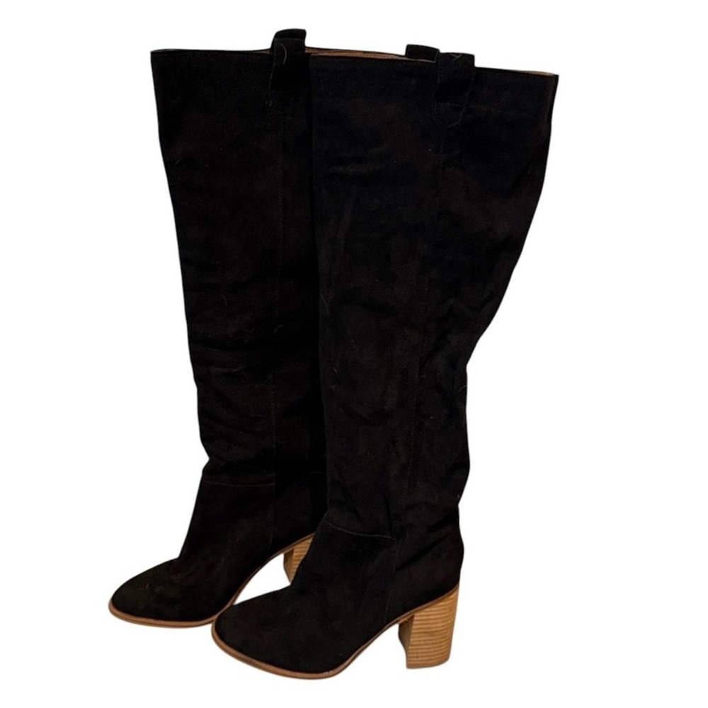 Oasis Society Knee High Boots Women 9 Black Excellent Stacked Block Heel Suede